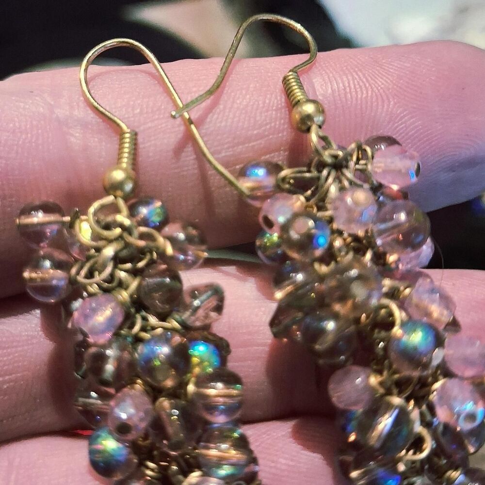 Miriam Haskell Style Lavender AB Beaded Cluster Dangle Earrings